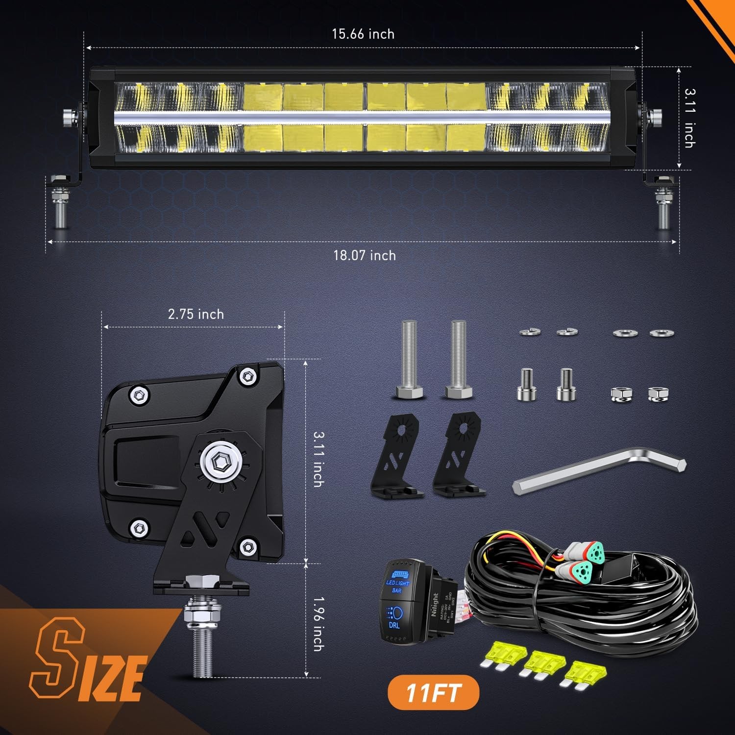 Nilight 16 Inch LED Light Bar with Amber DRL 120W Flood Spot Combo Offroad Light