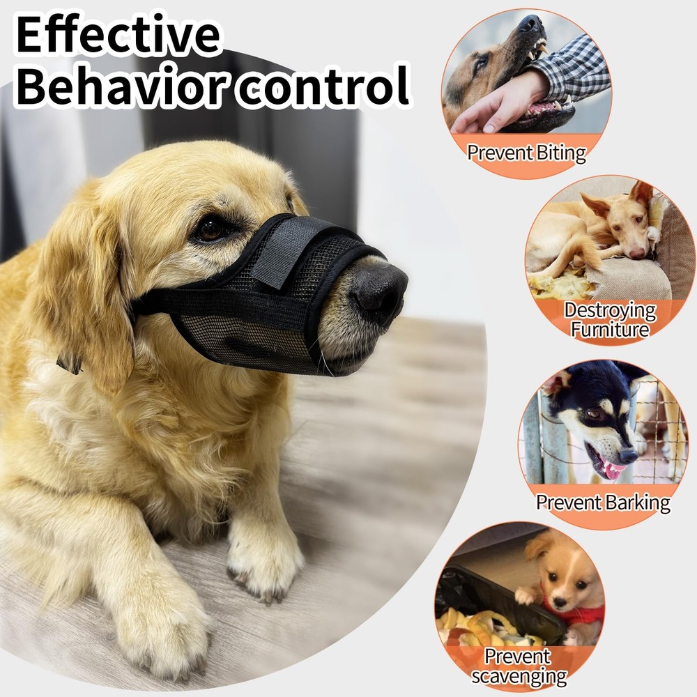 Dog Muzzle for Large Dogs Soft Cotton Mesh Adjustable Breathable Black L