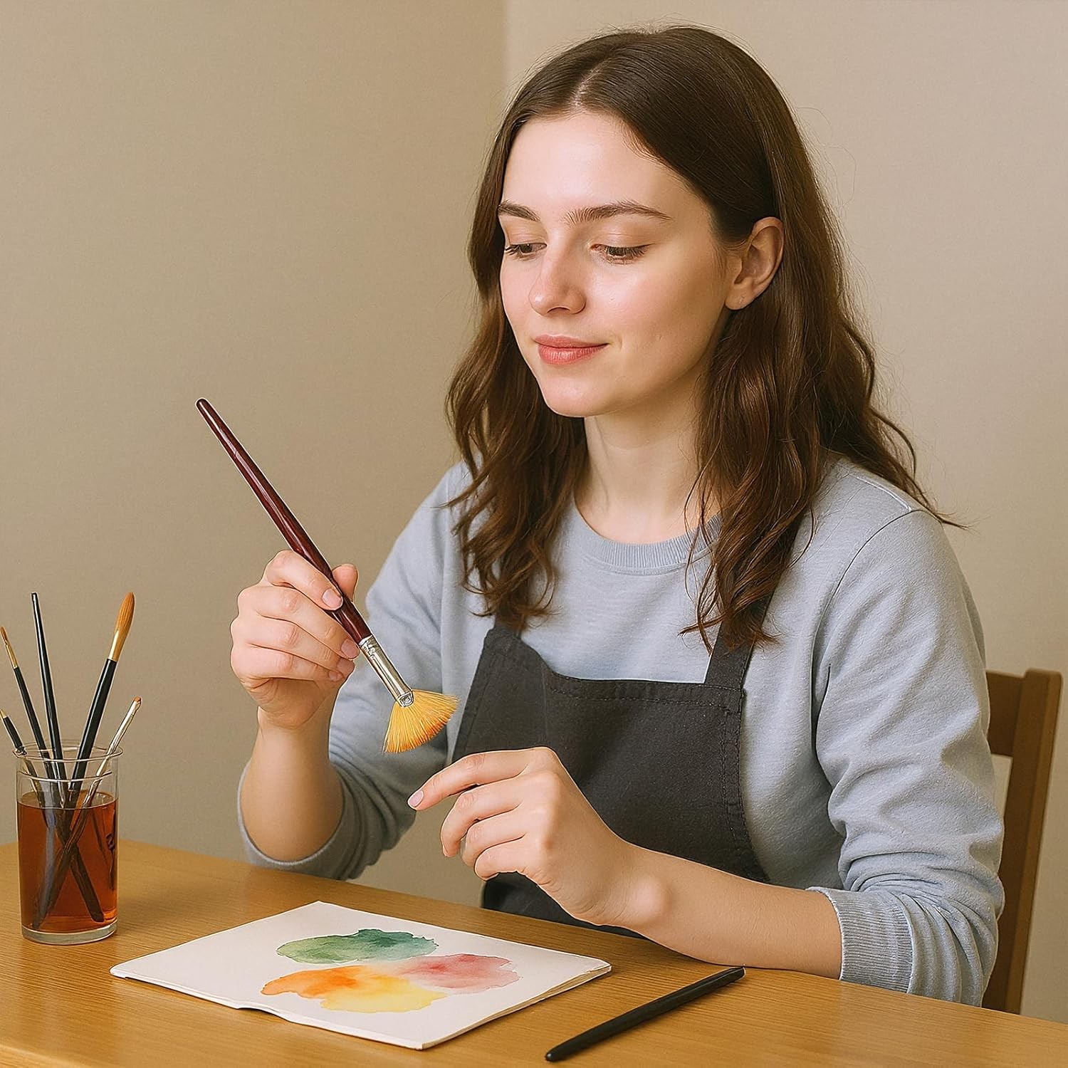 6-Piece Fan Brush Set for Acrylic Watercolor Oil Painting with Wood Handle