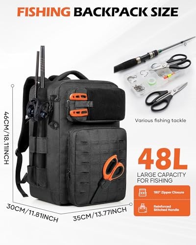 Fishing Tackle Backpack With Rod Holder, 50L Large Tackle Bag for Fishing,