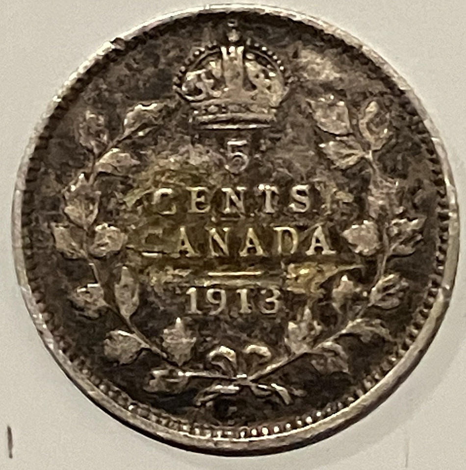 1913 George V Canada Silver 5 Cent Piece.