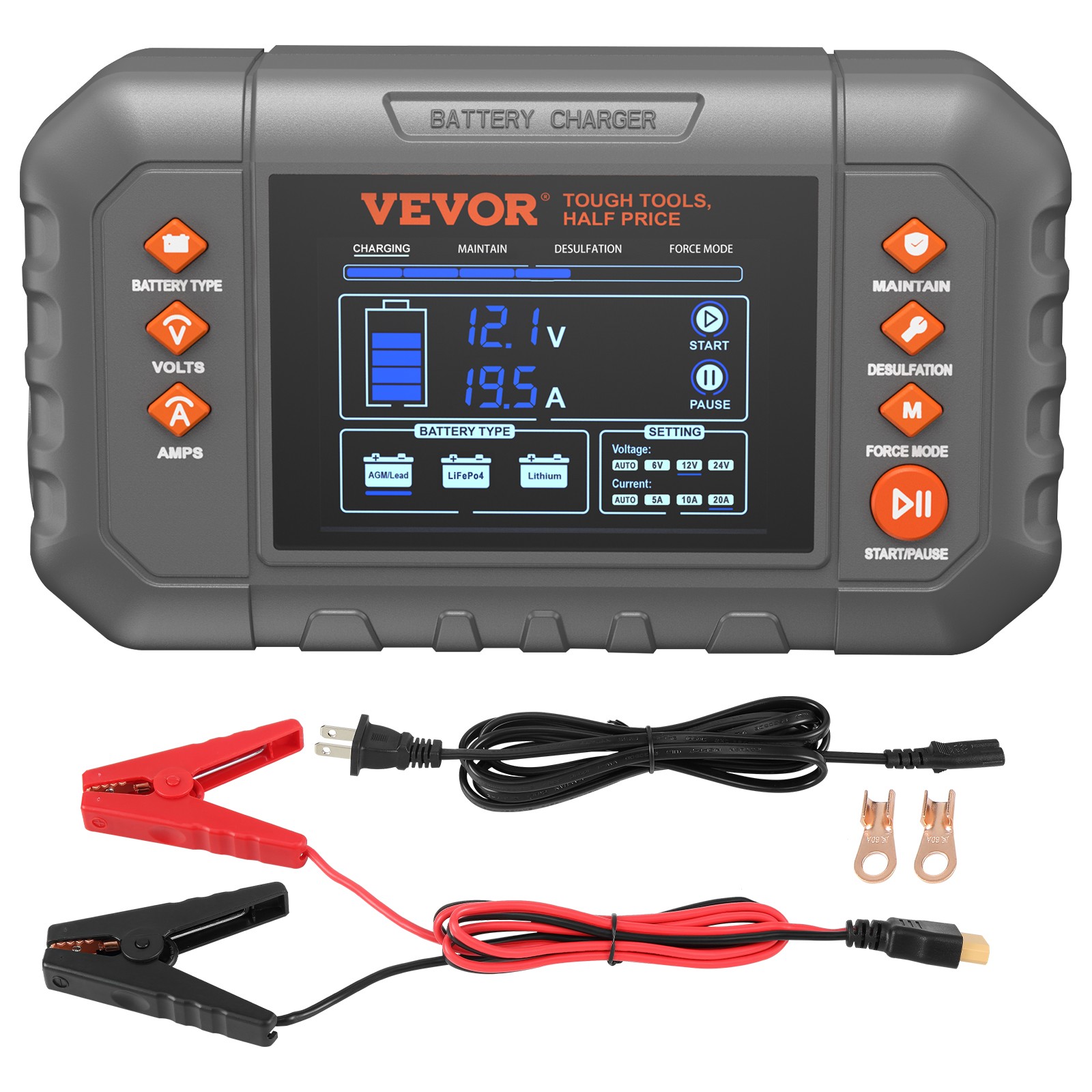 VEVOR Smart Battery Charger 20A Lithium LiFePO4 Lead-Acid Car Battery Charger