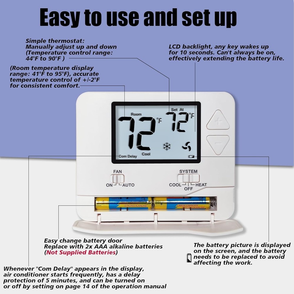 Effortless Temperature Control with White Backlight Non-Programmable Thermostat