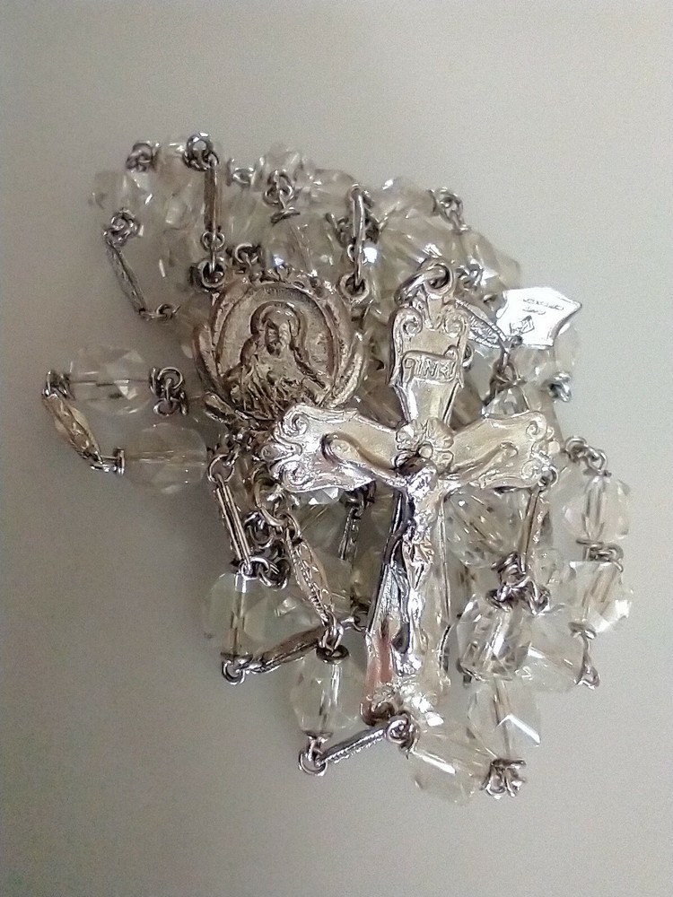 Vintage Catholic Sterling Silver Rosary Clear Crystal Glass Beads