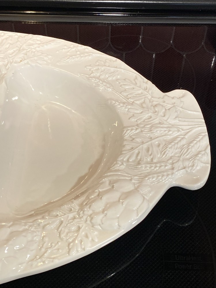 Large William Sonoma White Oval Divided Tray Raised Vegetable Pattern