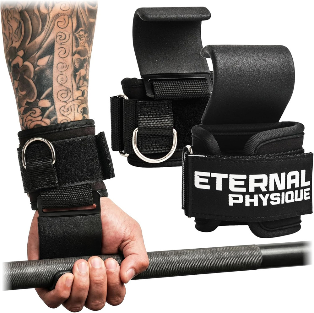 Weight Lifting Hooks (Pair) with D-Ring & Bag, Extra Strong- for Deadlifts, Pull