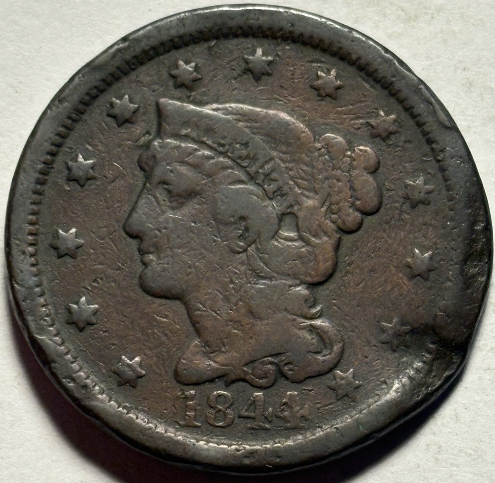 1844 Braided Hair Large Cent — Circulated