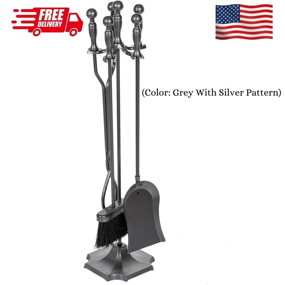 5 Pieces Fireplace Tools Set, Wrought Iron with Silver Pattern Fireplace Accesso