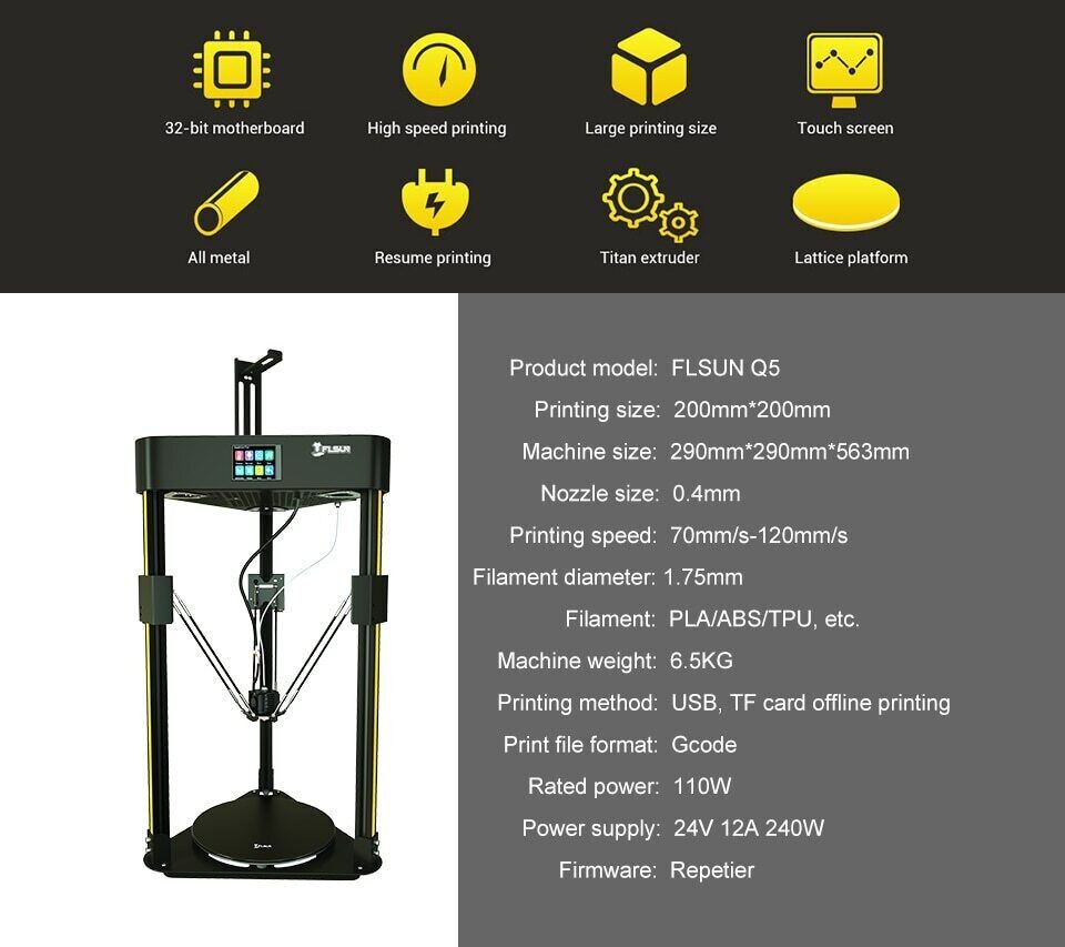 FLSUN Q5 Delta 3D Printer, Used, Auto-leveling probe, USB