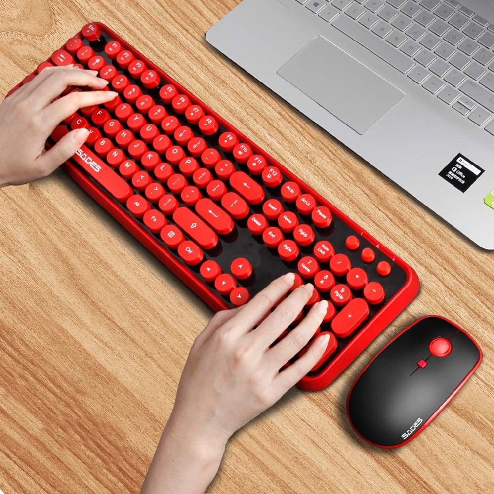 Chic Red Wireless Keyboard & Mouse Combo - Retro Typewriter with Bubble Caps