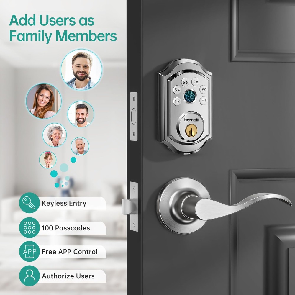 Hornbill Smart Front Door Lock: Silver Fingerprint Electronic Digital