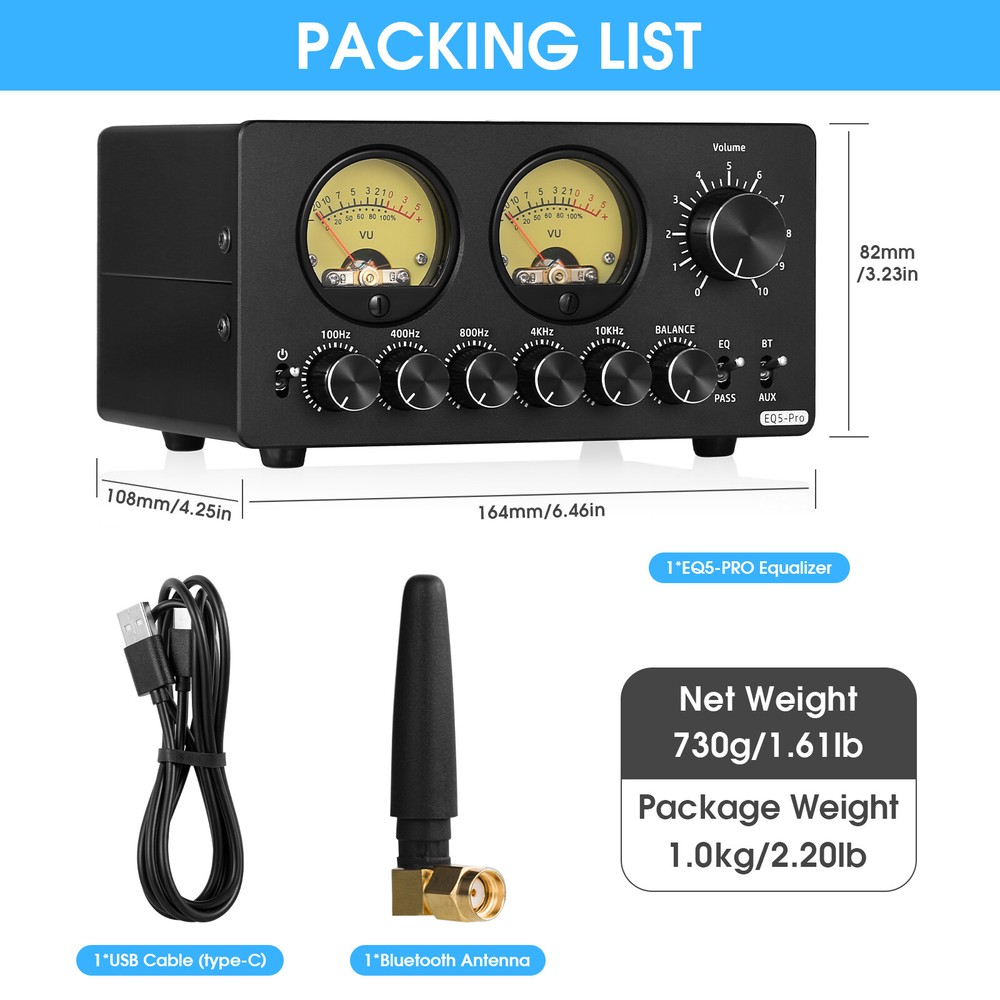 HIFI Bluetooth 5-Band EQ Equalizer Stereo Audio Preamp Speaker Receiver VU Meter