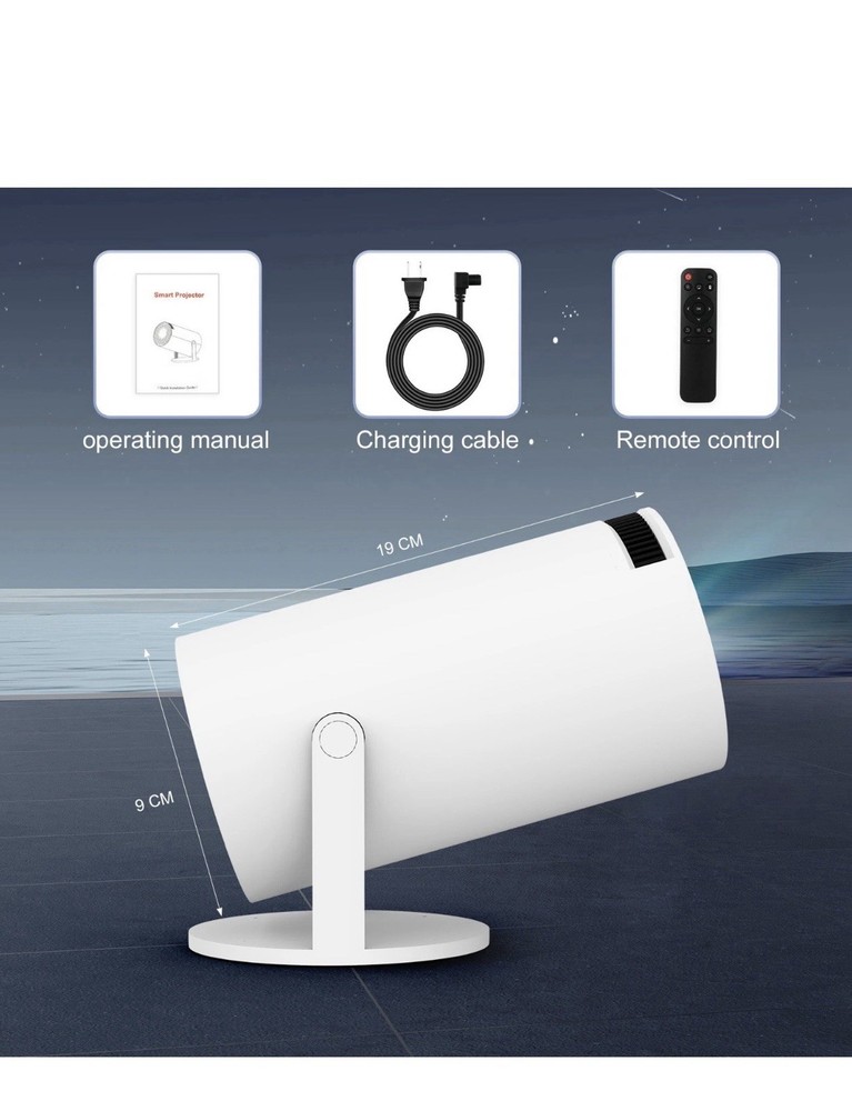 4K Smart Android Projector - 180 ° Rotating Stand + Auto Keystone, Home/Camping