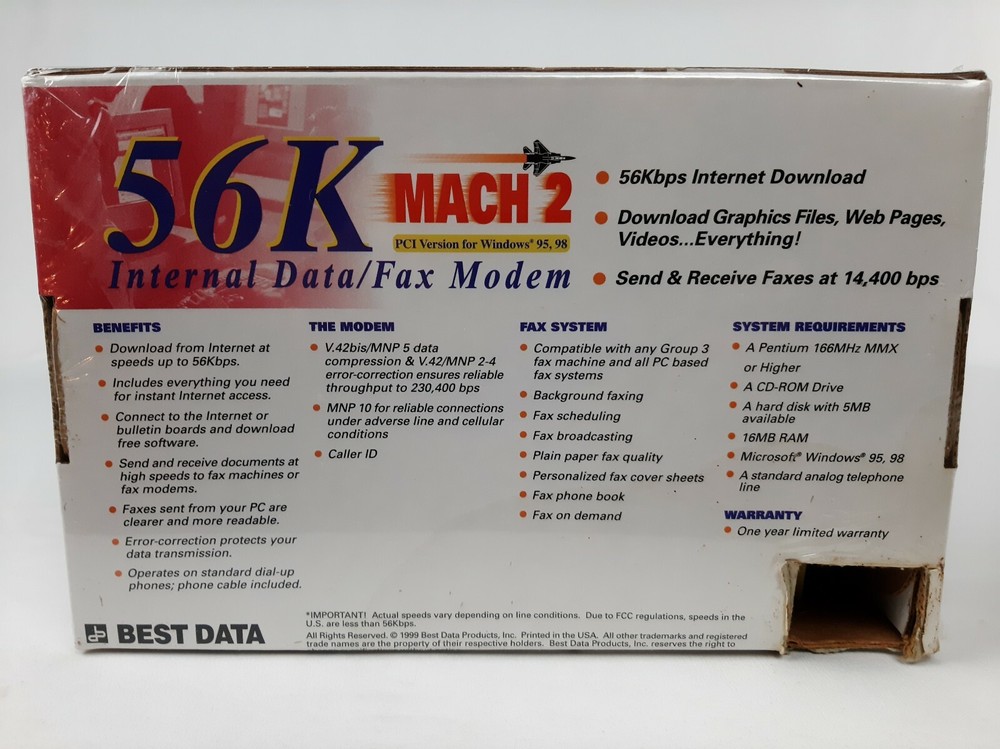 56K MACH 2 INTERNAL DATA/FAX MODEM PCI VERSION FOR WINDOWS 95, 98 NEW & SEALED