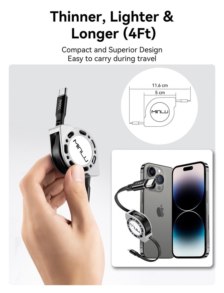 Retractable USB C to USB C Cable4 Ft, 2Pack,100W USBC 5A Fast Charging Cord, ...