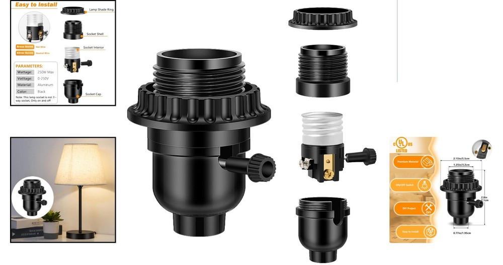 Stylish E26 Black Light Socket with Integrated ON/Off Switch for Easy Install