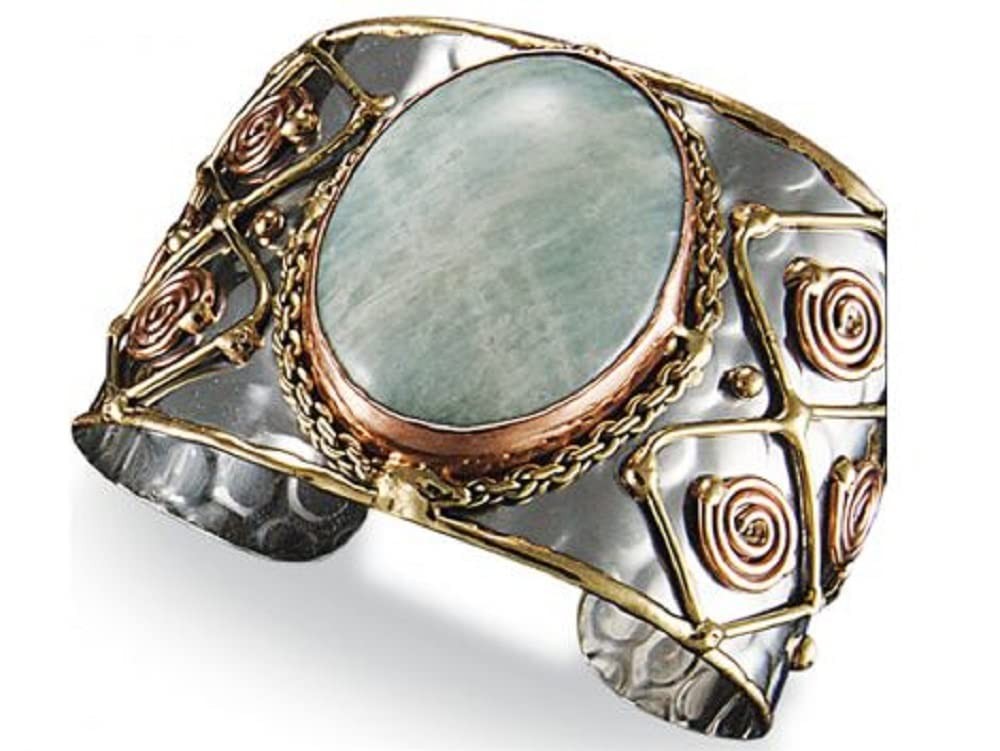 Anju Adjustable Cuff with Stainless Steel Base, Brass, Copper, and Amazonite