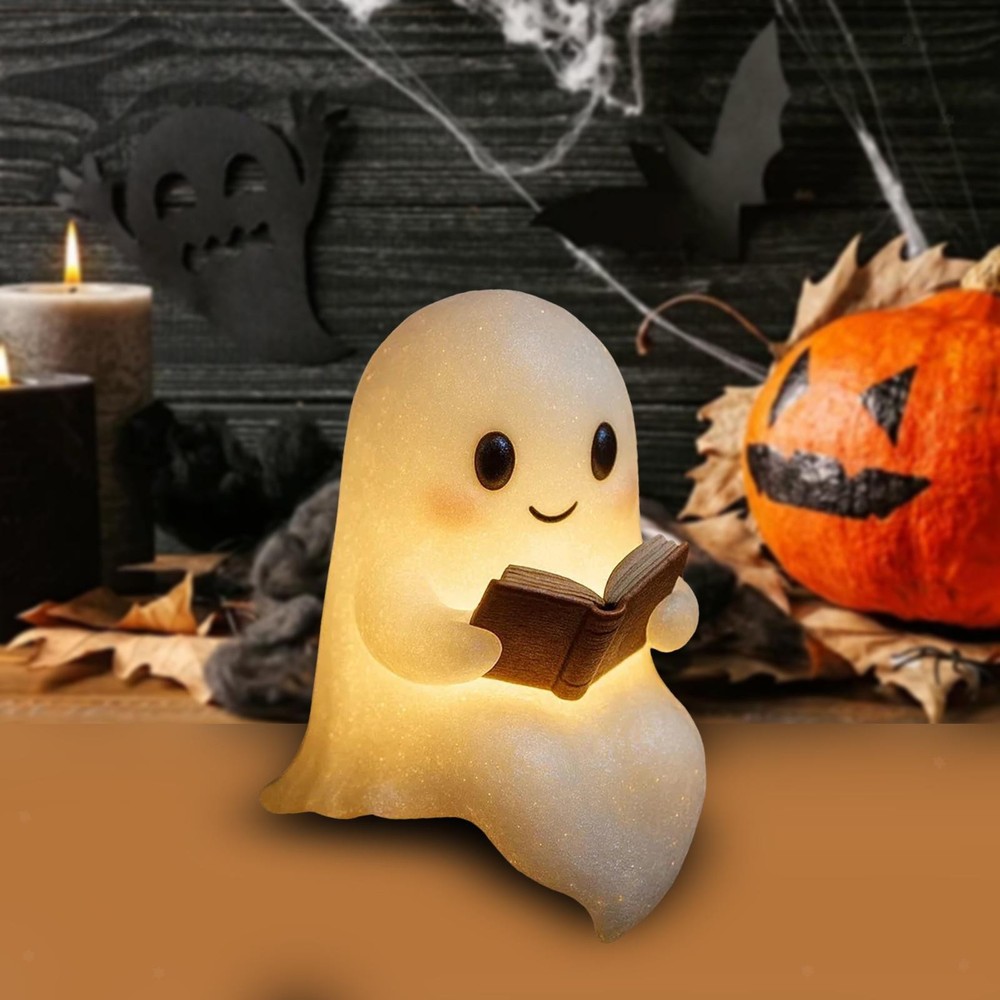 Cute Ghost Reading Book Lamp Halloween Decor LED Night Light for Study Home