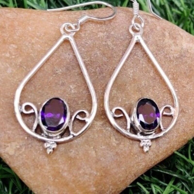 Solid 925 Sterling Silver Natural Amethyst Oval Shape Women Earrings