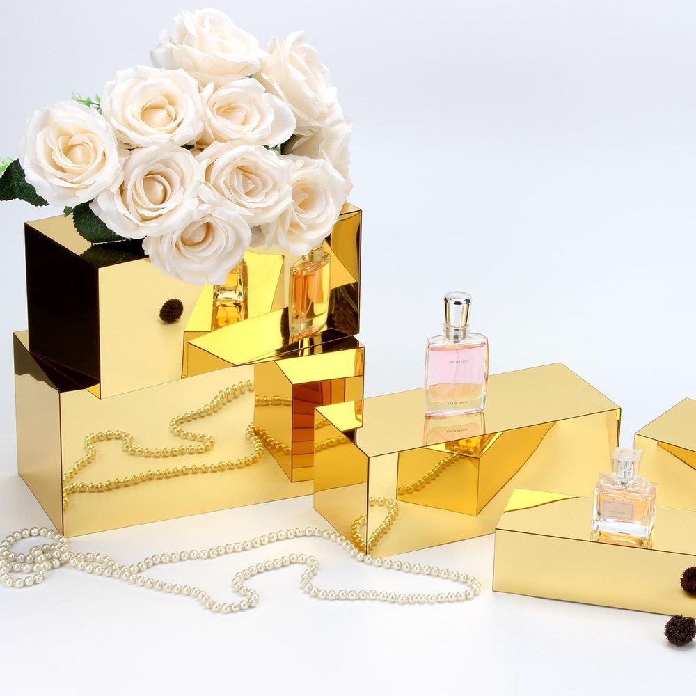 Rectangular Acrylic Food Display Risers, 5 Pcs Gold Mirror Boxes Display Nest...