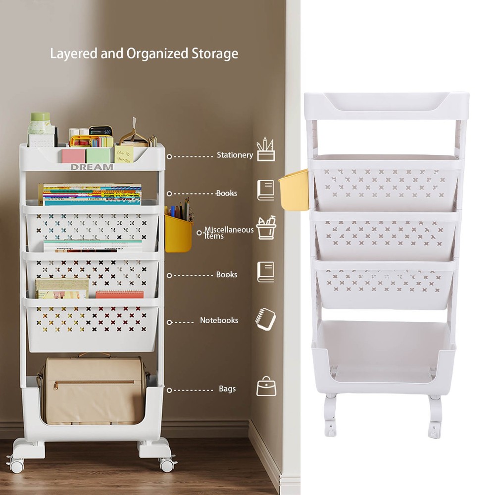 Rolling Book Cart 5 Tier PP Multi-Functional Movable Storage Book Rack Utility