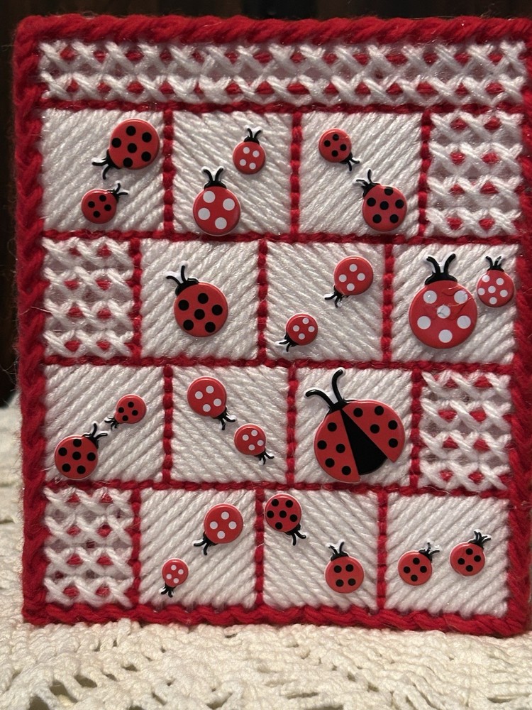 LADYBUG SAMPLER RED & WHITE NEW HANDMADE PLASTIC CANVAS TISSUE BOX COVER CUBE