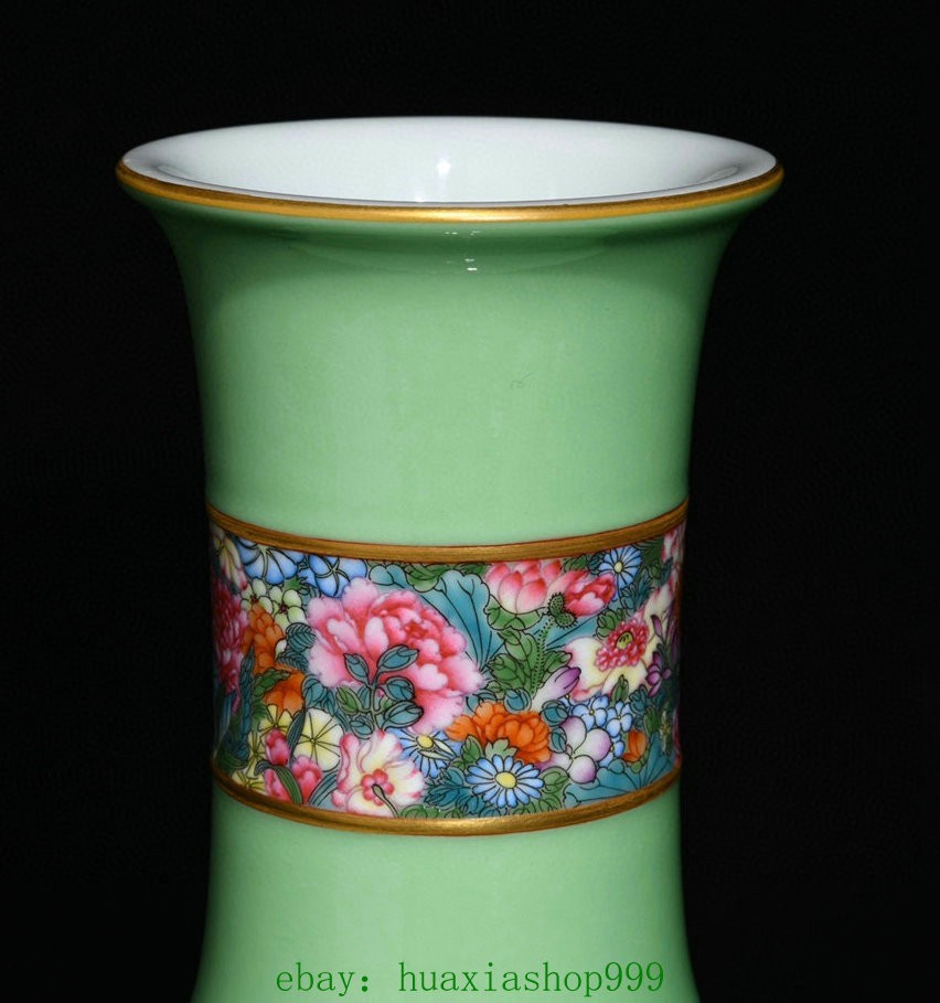 9.2"Old Green Glaze Famille Rose Porcelain Gilt Flower Pattern Bottle Vase