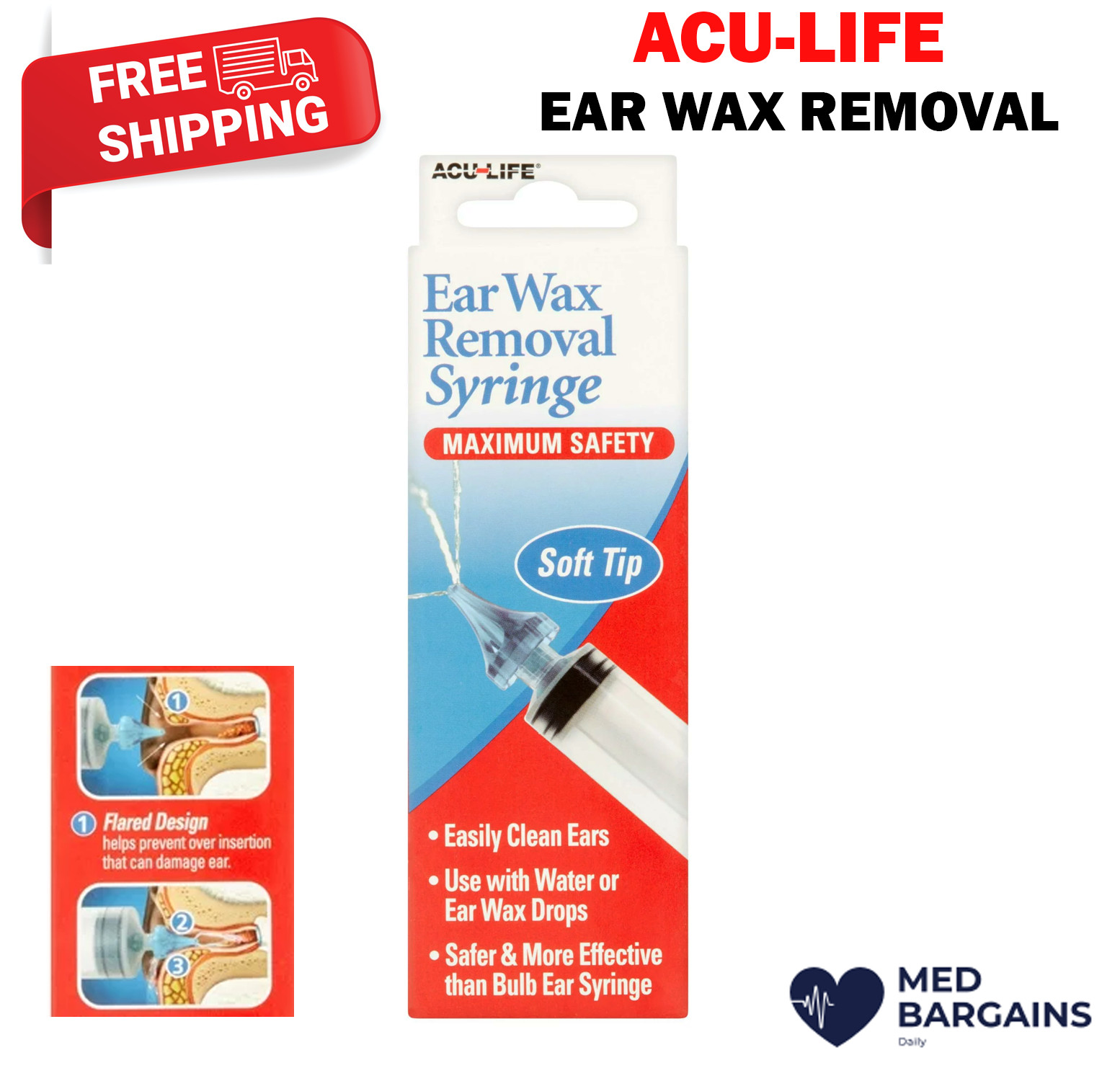 ACULIFE Ear Wax Removal Syringe 20 ml Syringe Tri Stream Soft Tip