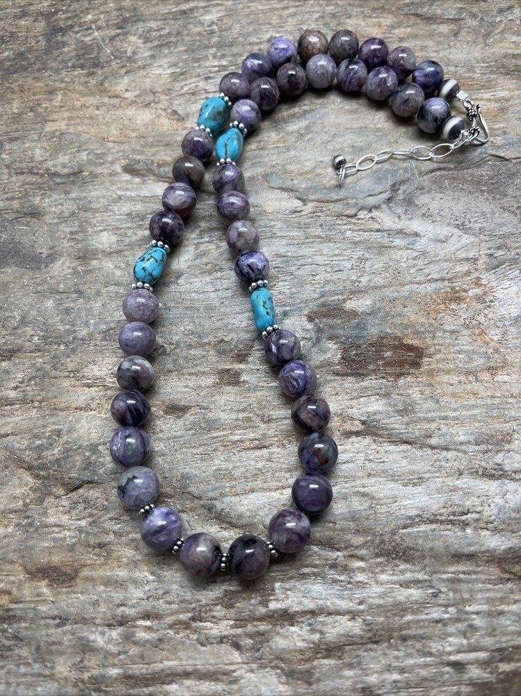 Sterling Silver Charoite Bead Necklace.