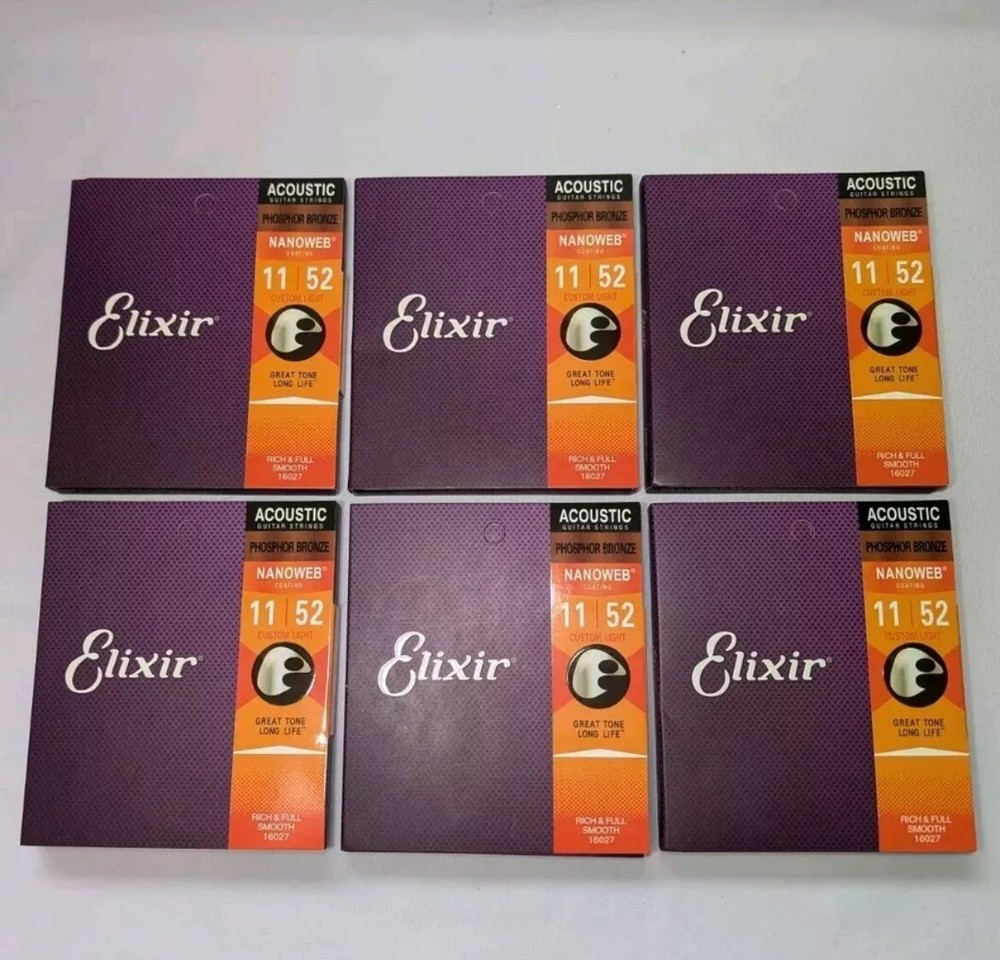 6 Pack Elixir 16027 Nanoweb Acoustic Strings Custom Light 11-52 Phosphor Bronze