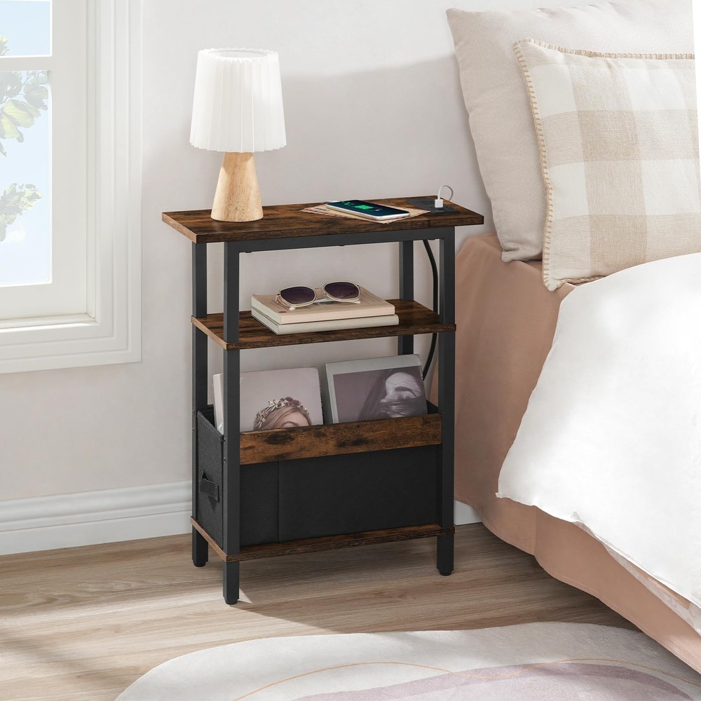Narrow Side Table with Charging Station, Slim End Table with Fabric Storage, ...