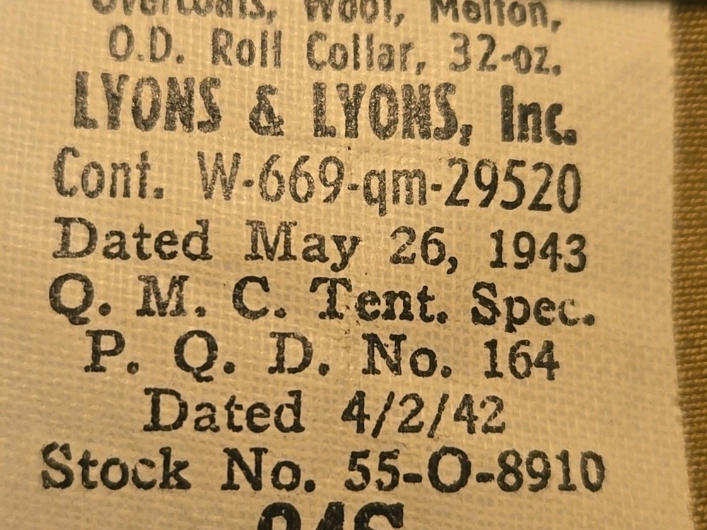 WWII dated 1943 Size 34/S Brown buttons wool overcoat.