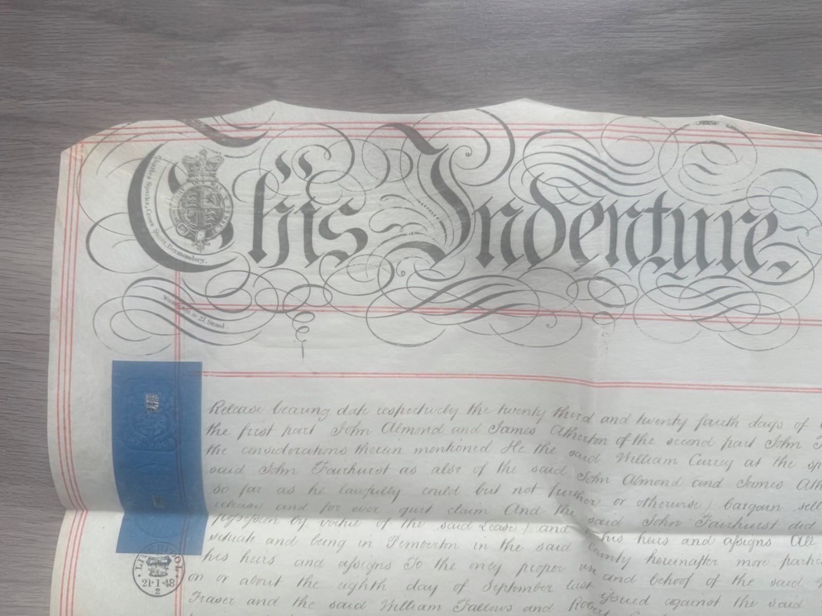Pemberton Lancashire Vellum Indenture Land Deed 1849 Croudson to Fraser Wax Seal