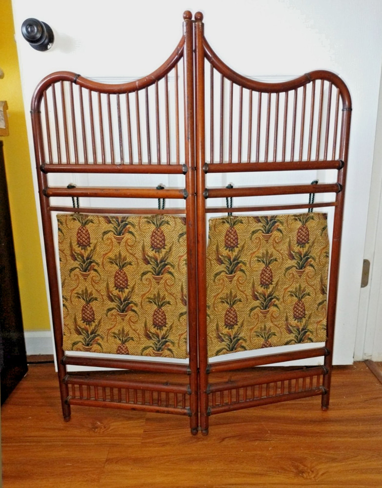 Wood and pineapple tapestry 2 panel folding fireplace screen