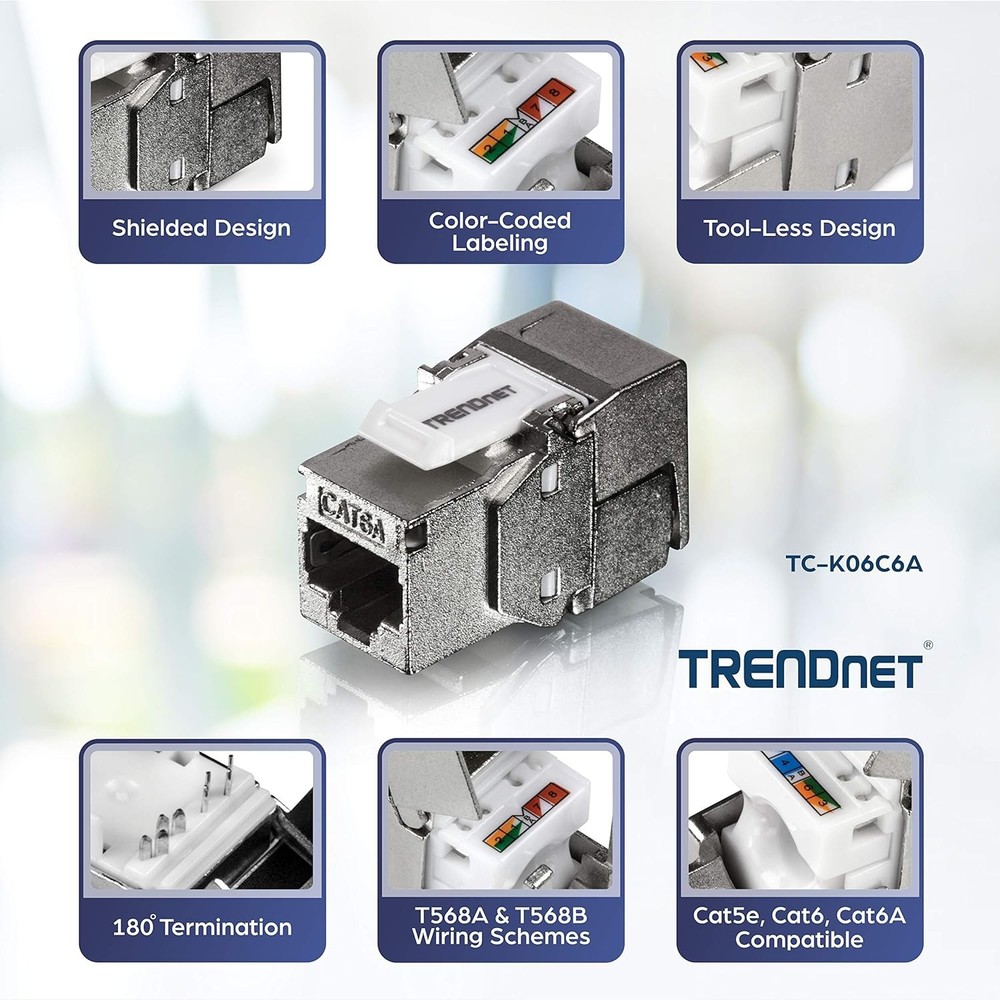 TRENDnet Shielded Cat6A RJ45 Keystone Jack 6-Pack Bundle, Use with Multicolor