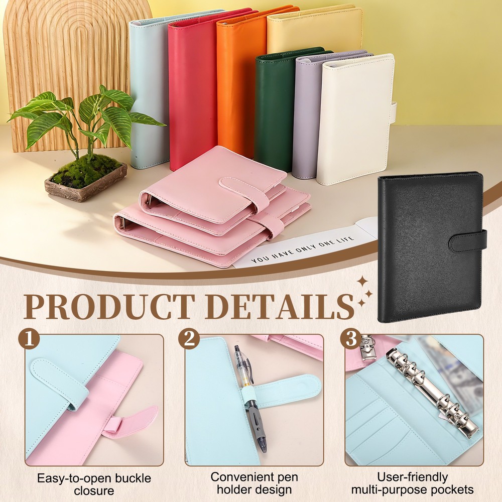 A5 PU Leather Binder Protector, 6 Ring Loose Leaf Notebook Shell, Black