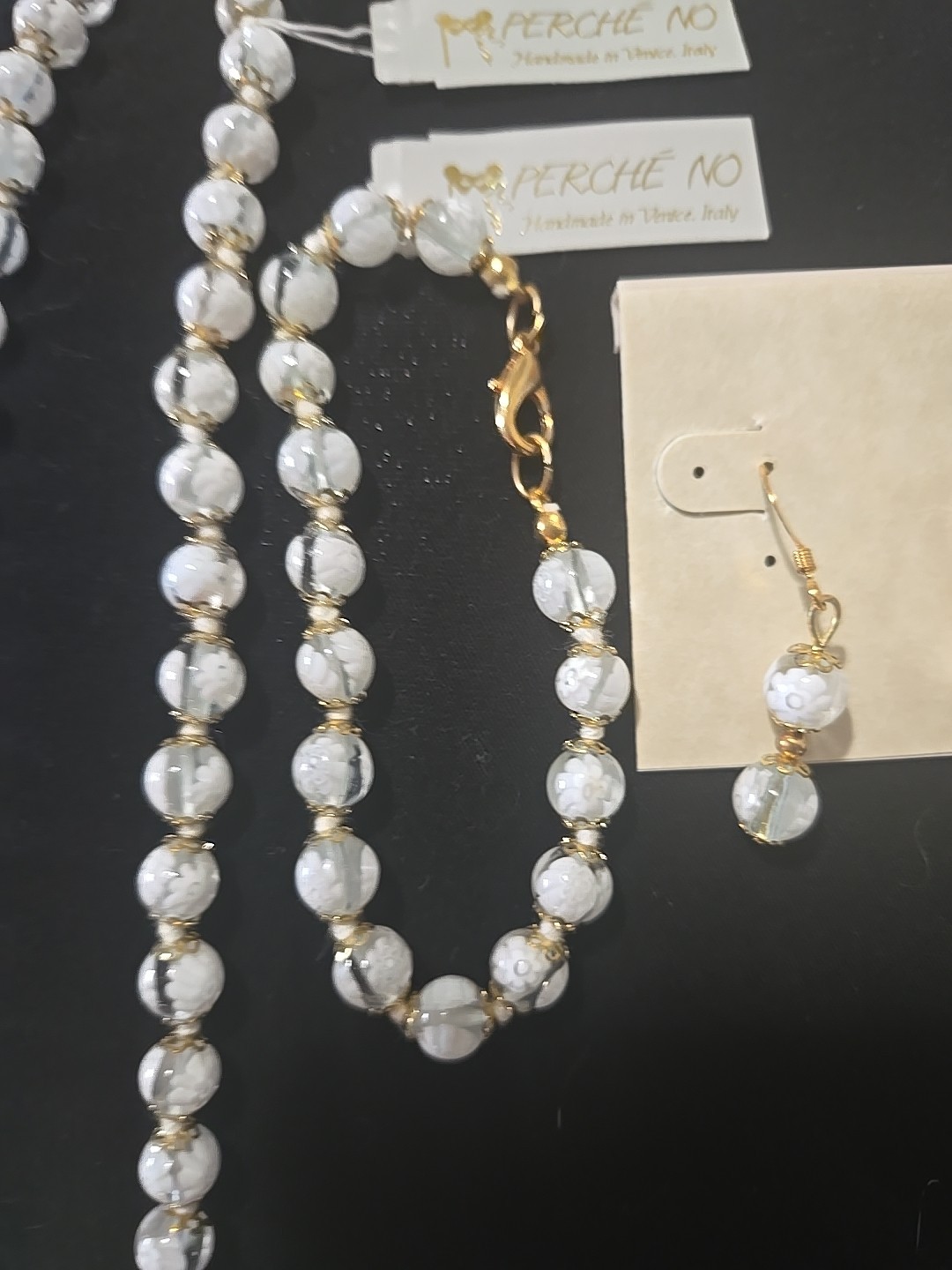 Perche No Handmade In Italy Venetian Glass Beads Necklace,Braclet&Earings Set