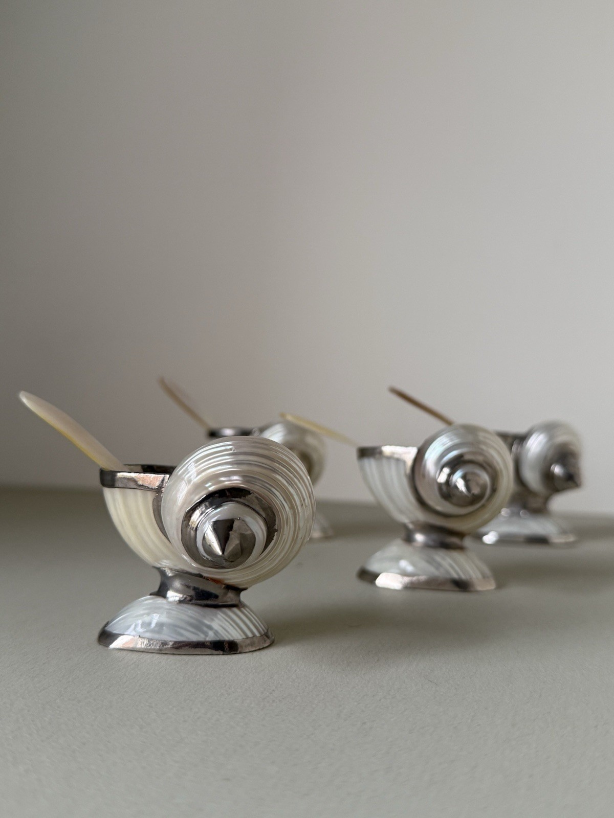 Set of 4 Antique Shell Open Salts with Mother of Pearl Spoons, Sterling Silver