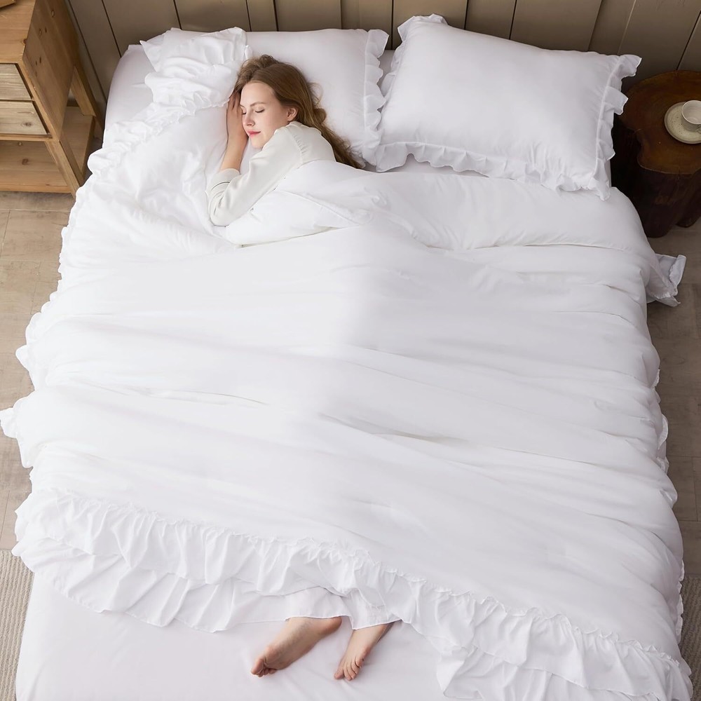 White Ruffle Comforter Full Set, 3 Piece Simple Bedding Comforter Set