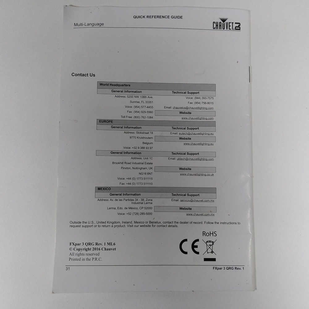 Fxpar 3 Quick Reference Guide Chauvet DJ Light Quick Reference Guide