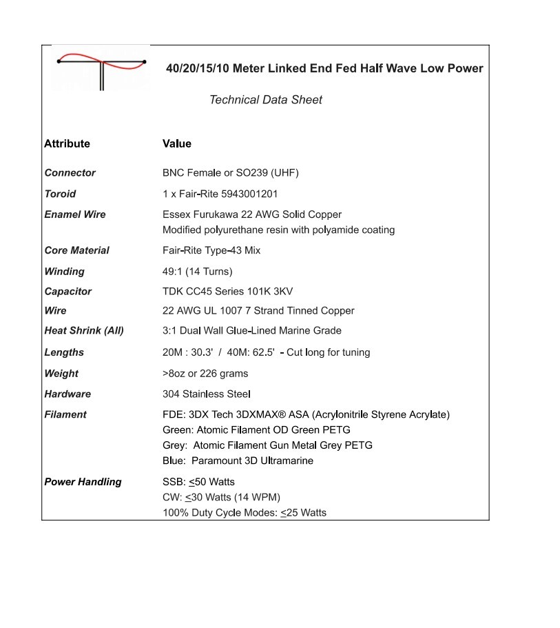 Low Power Portable Linked End Fed (EFHW) 40/20/15/10M No Tune Ham Radio Antenna