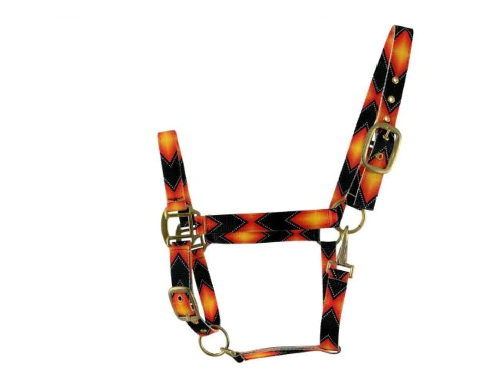 New! Average horse size Adjustable ORANGE & BLACK AZTEC NYLON HALTER w/ Hardware