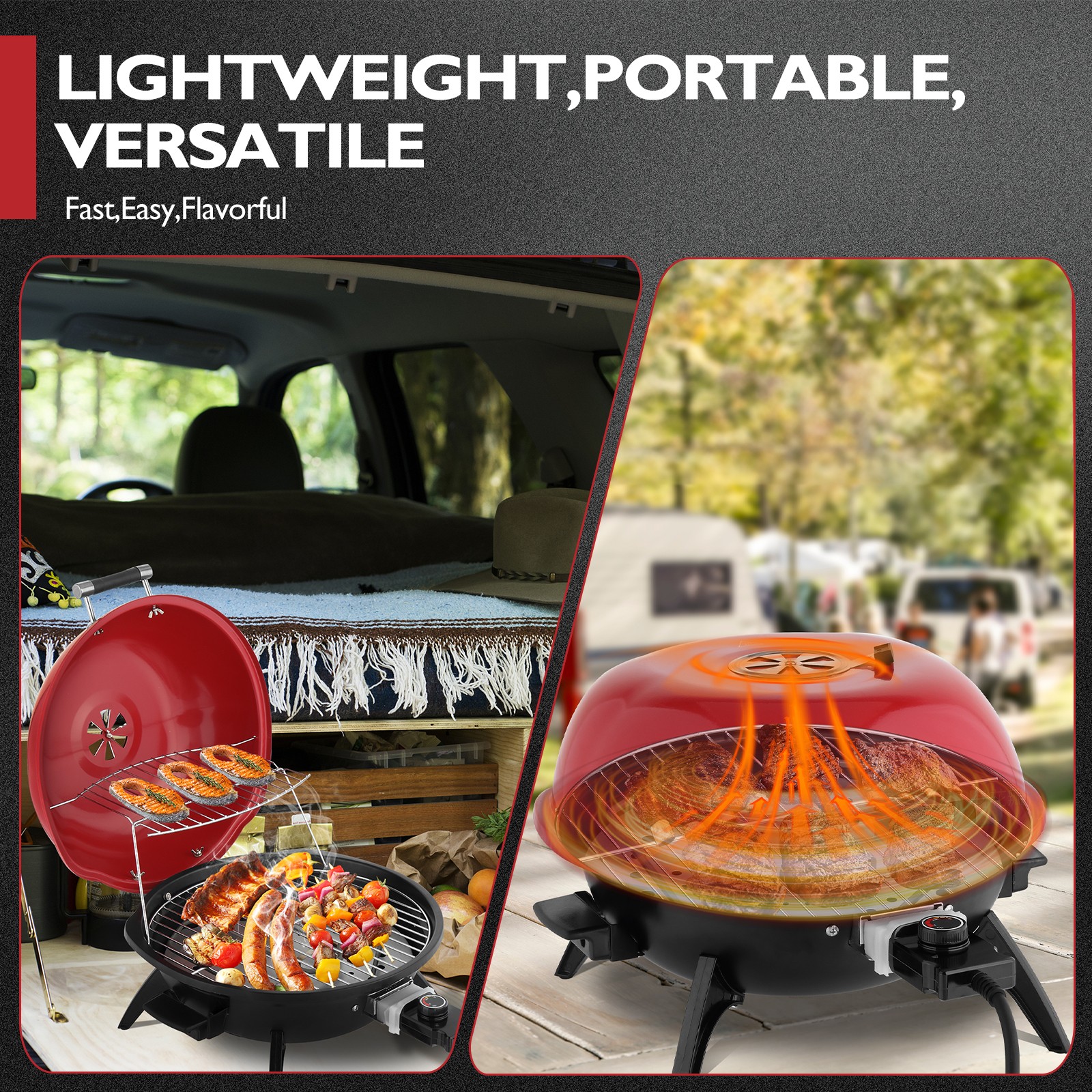 Electric BBQ Grill Red 1600W In/Outdoor Garden Party with Double Layer Design
