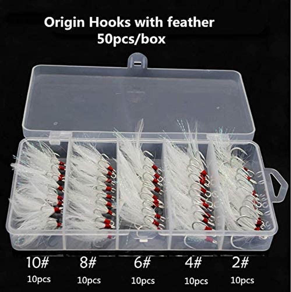 50Pcs 2X Strong Fishing Treble Hooks w/ Feather Dressed 2/4/6/8/10# Tackle USA