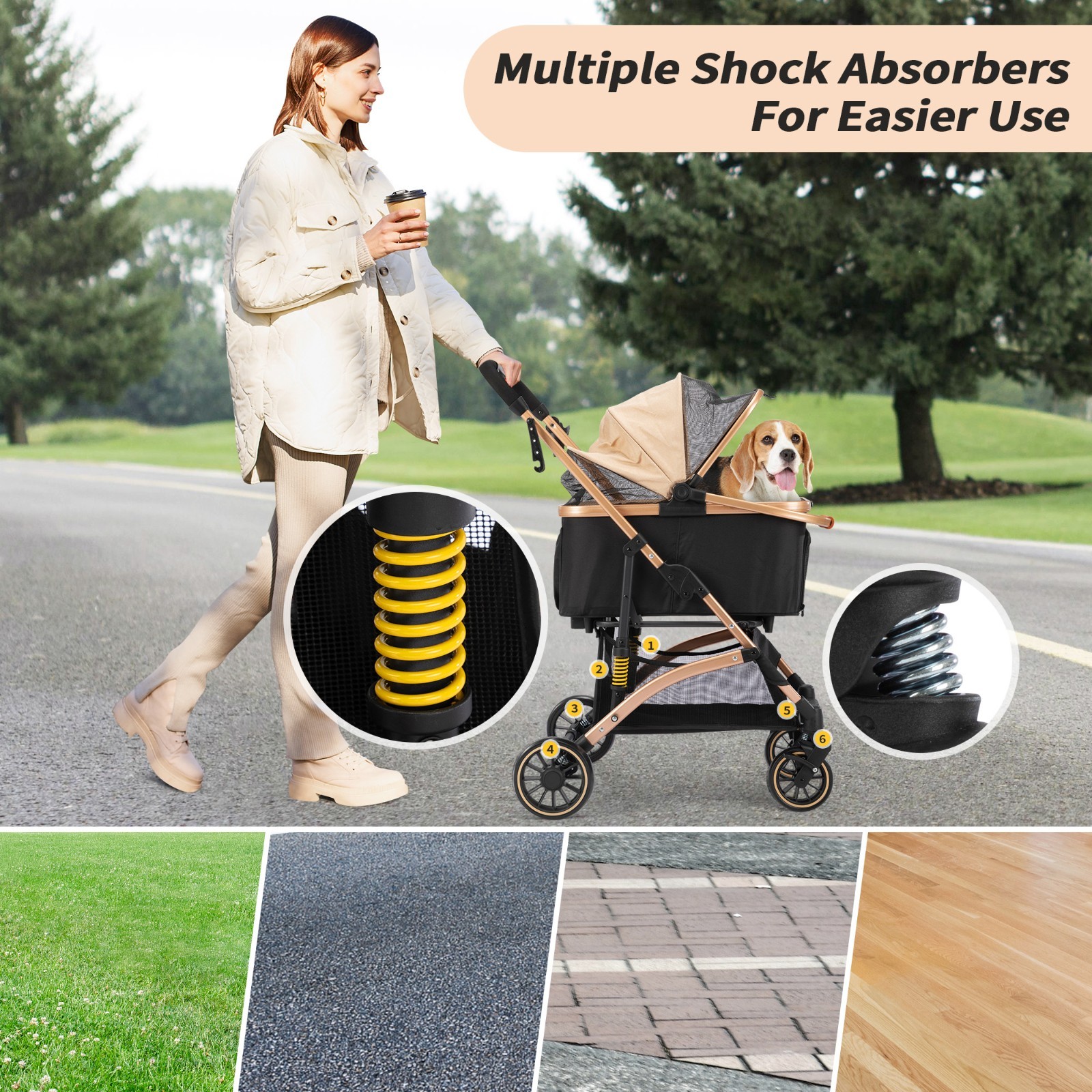 3-in-1 Foldable 4-Wheel Dog Pet Stroller Lightweight with Basket & Cup Holder