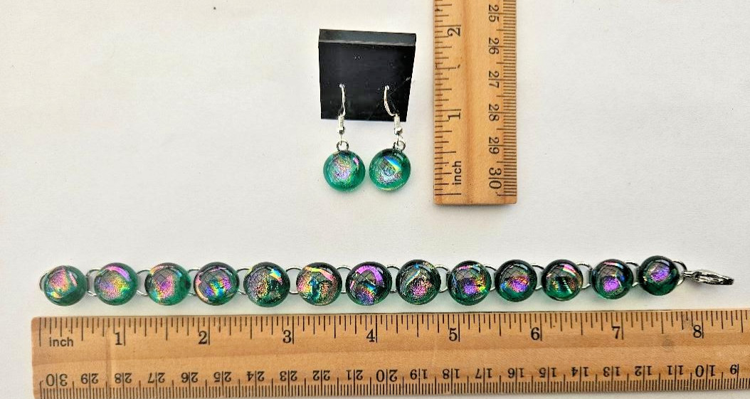 Handcrafted Fused Green Multi Dichroic Glass Cabochon Bracelet/ Bonus Earrings