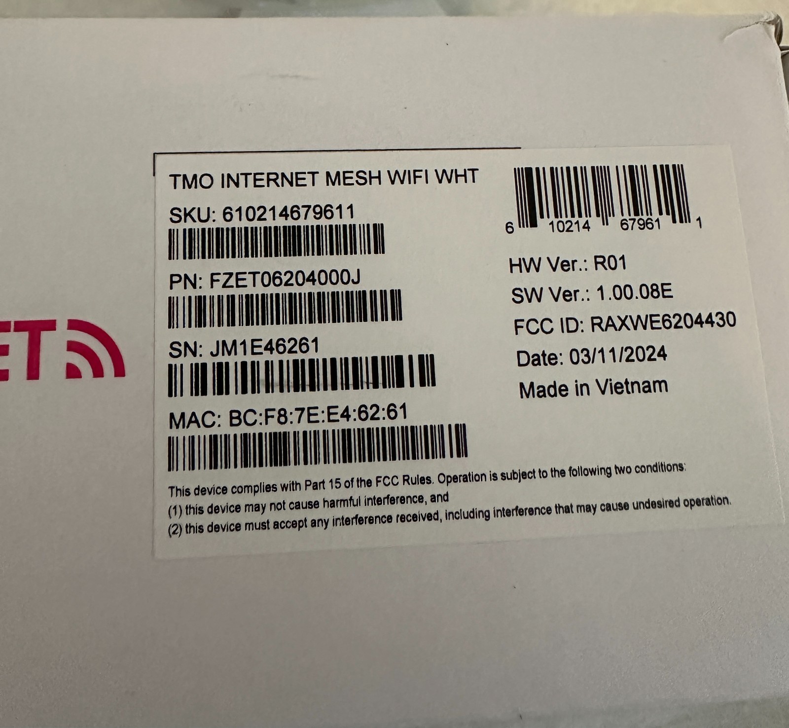 T-mobile Internet Wi-Fi Mesh Access Point FZET06204000J.