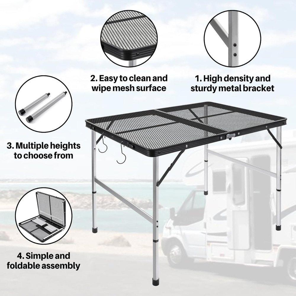 3Ft X 2Ft Grill Table Portable Camping Table, Waterproof Black Folding Table wit