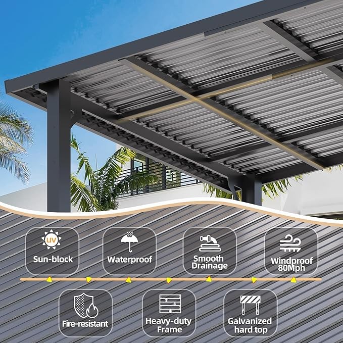 Heavy Duty Hardtop Lean-to Gazebo Galvanized Steel Pergola