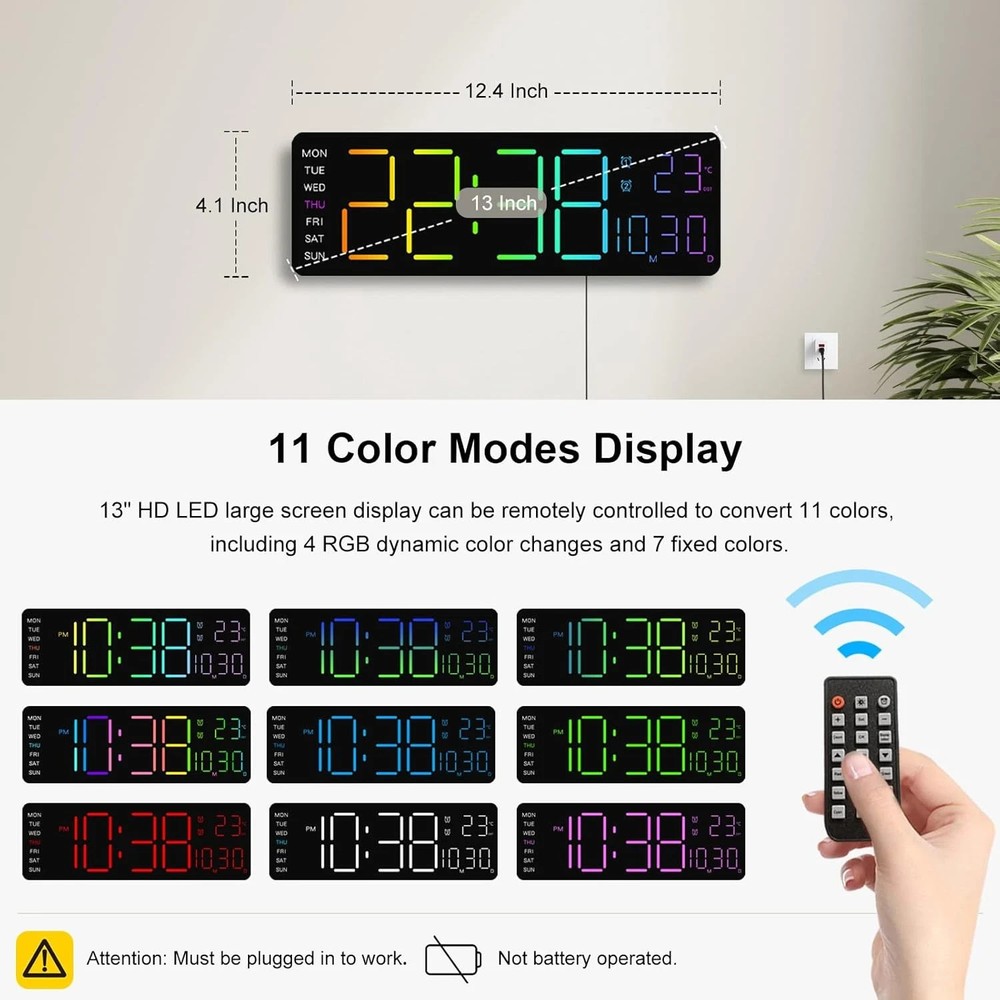 Large LED Digital Wall Clock with RGB Remote, Alarm, Temp, and Timer
